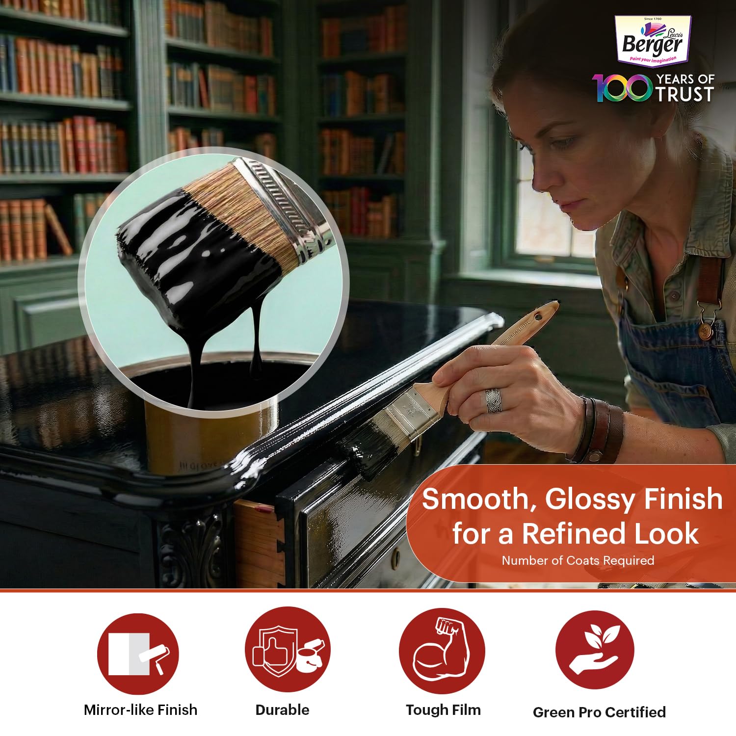 BERGER Luxol Hi-Gloss Enamel Paint | Oil-Based | Mirror Like Durable Weather Resistant High Gloss Finish | Wood Metal Surfaces (500mL, Golden Brown)