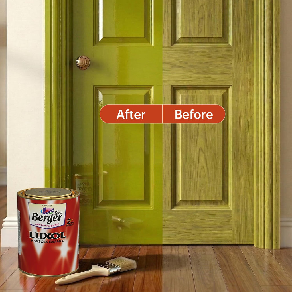 BERGER Luxol Hi-Gloss Enamel Paint | Oil-Based | Mirror Like Durable Weather Resistant High Gloss Finish | Wood Metal Surfaces (500mL, Golden Brown)
