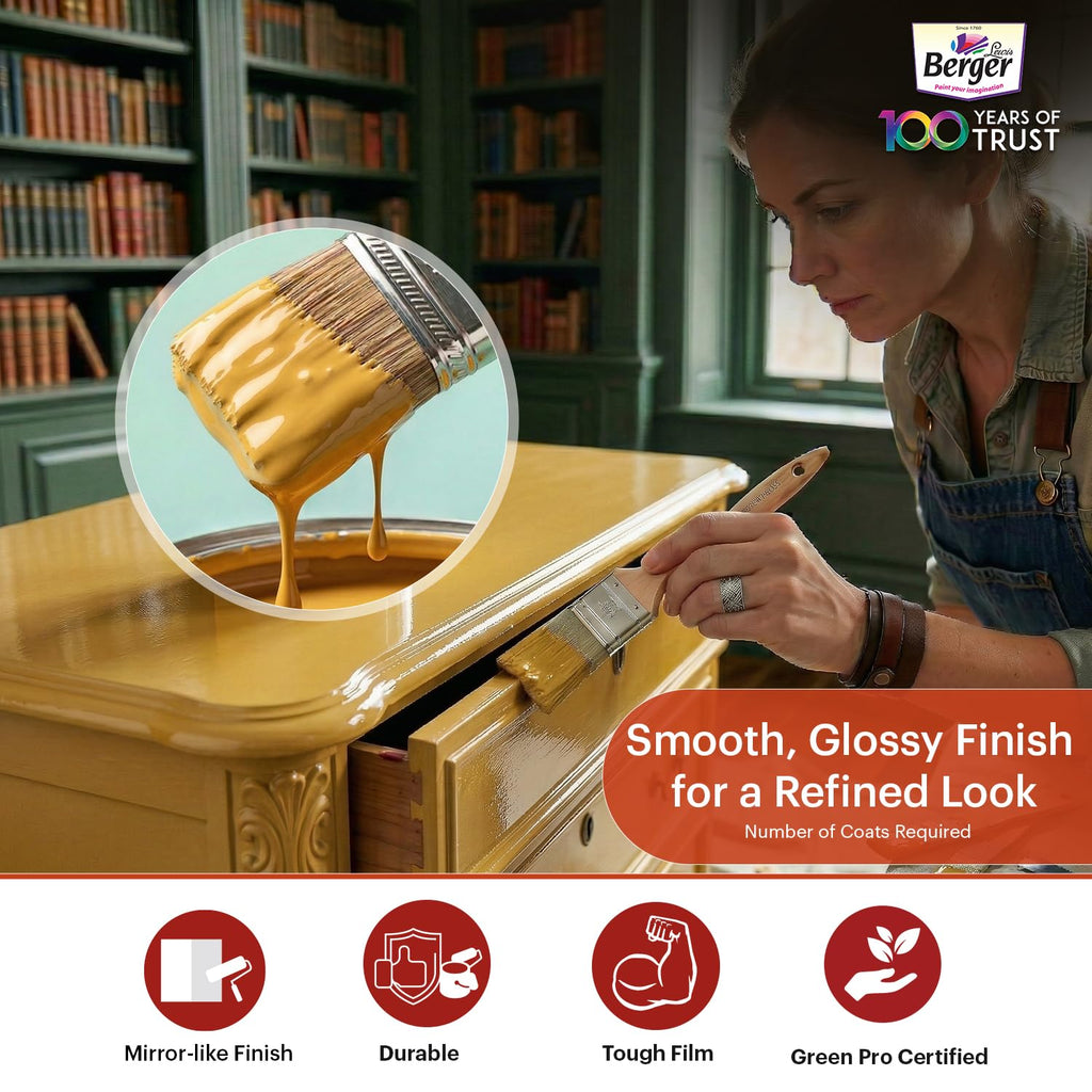 BERGER Luxol Hi-Gloss Enamel Paint | Oil-Based | Mirror Like Durable Weather Resistant High Gloss Finish | Wood Metal Surfaces (500mL, Golden Brown)