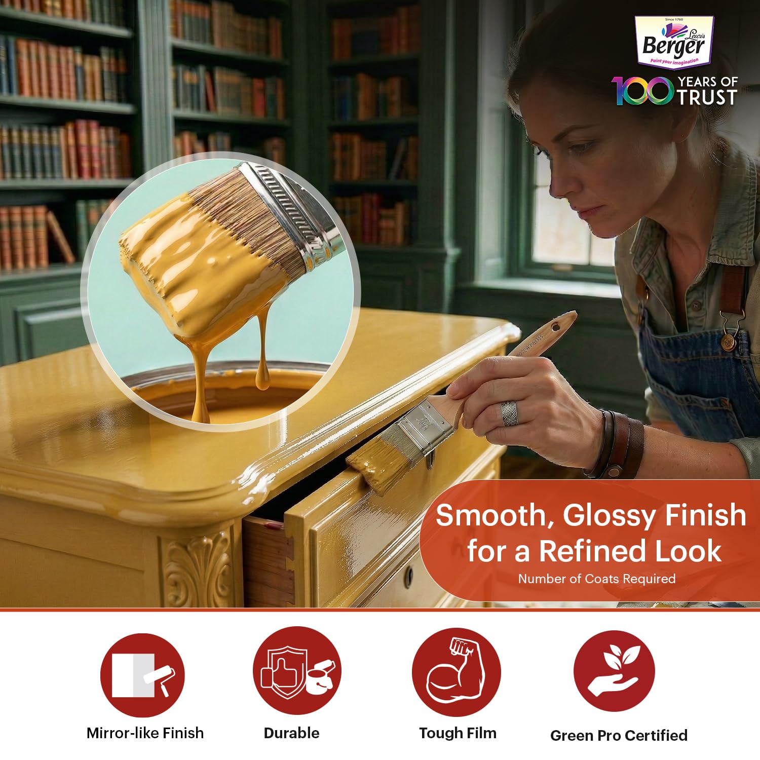 BERGER Luxol Hi-Gloss Enamel Paint | Oil-Based | Mirror Like Durable Weather Resistant High Gloss Finish | Wood Metal Surfaces (500mL, Golden Brown)