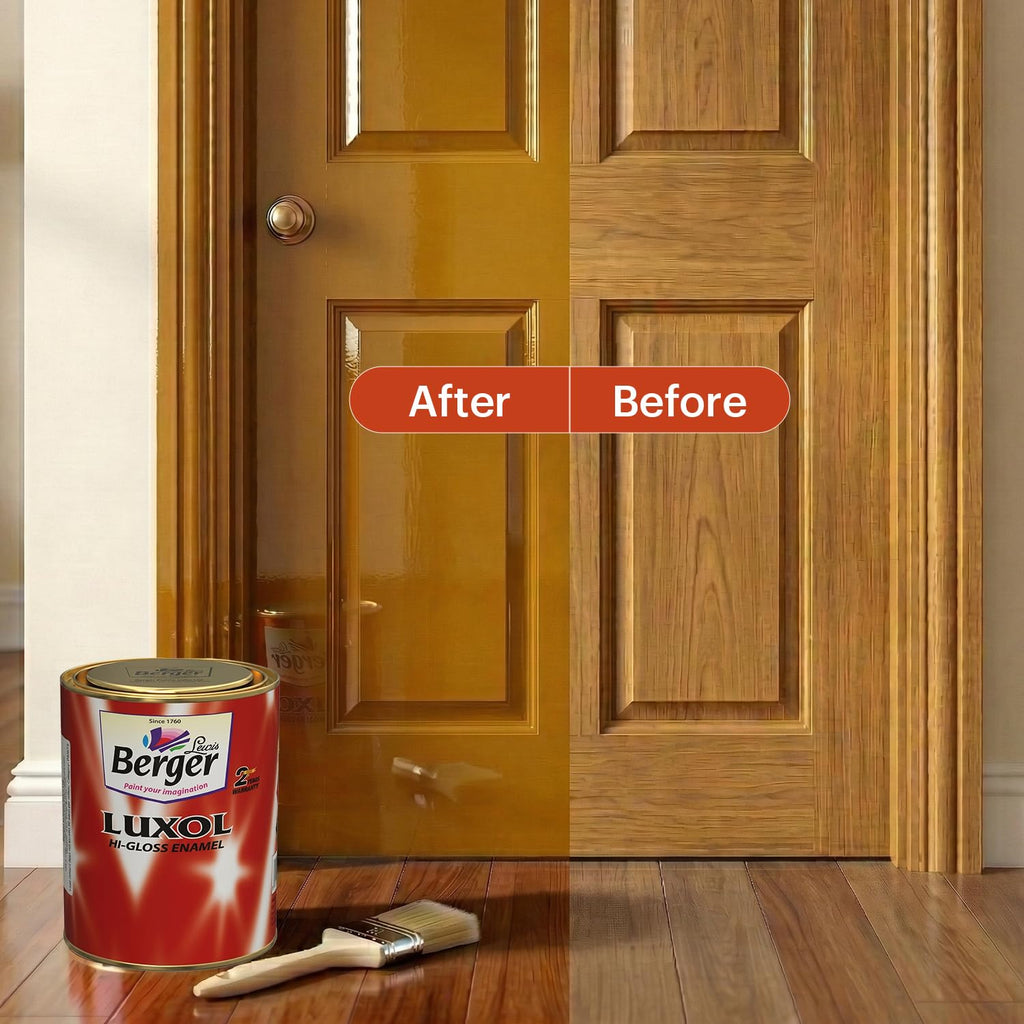 BERGER Luxol Hi-Gloss Enamel Paint | Oil-Based | Mirror Like Durable Weather Resistant High Gloss Finish | Wood Metal Surfaces (500mL, Golden Brown)