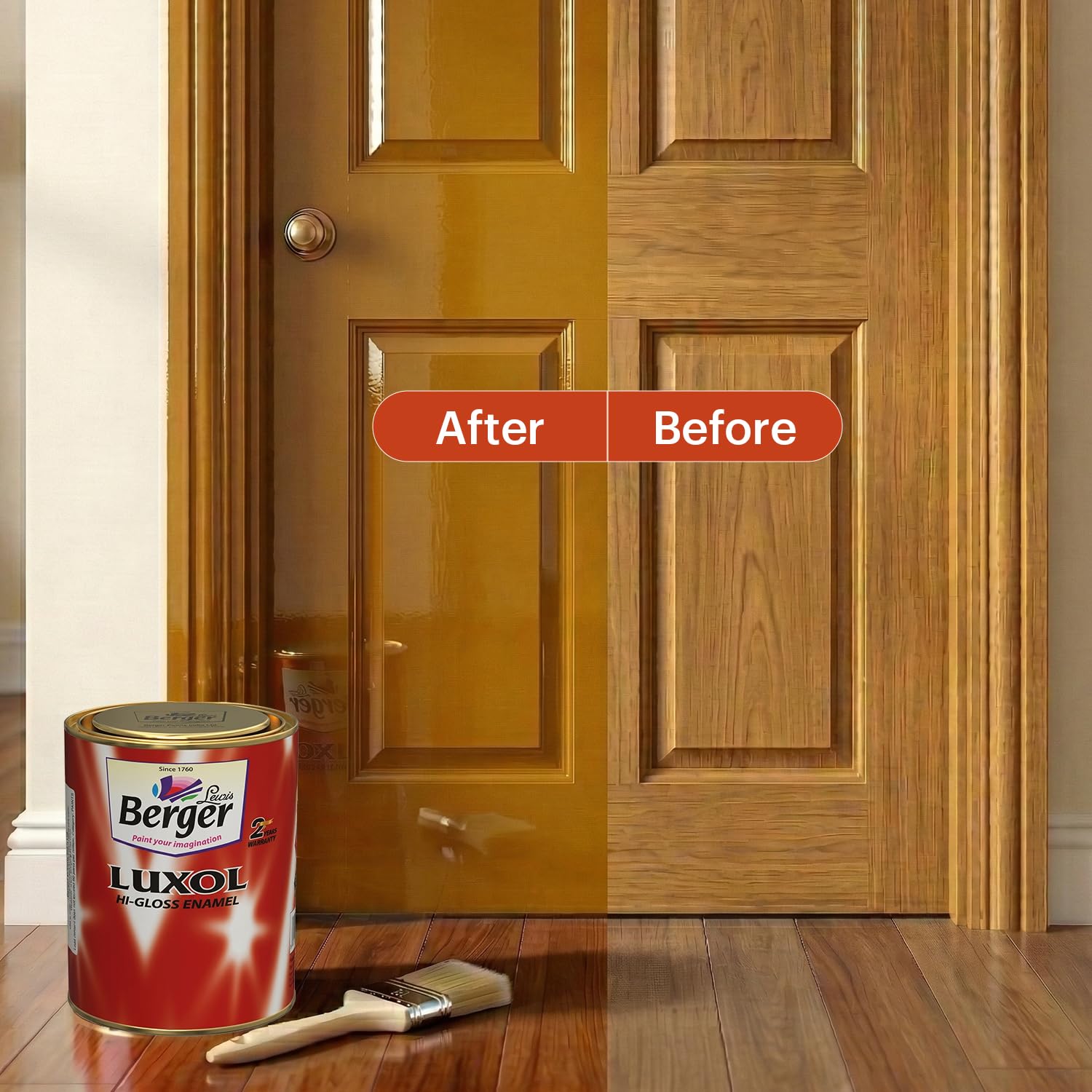 BERGER Luxol Hi-Gloss Enamel Paint | Oil-Based | Mirror Like Durable Weather Resistant High Gloss Finish | Wood Metal Surfaces (500mL, Golden Brown)