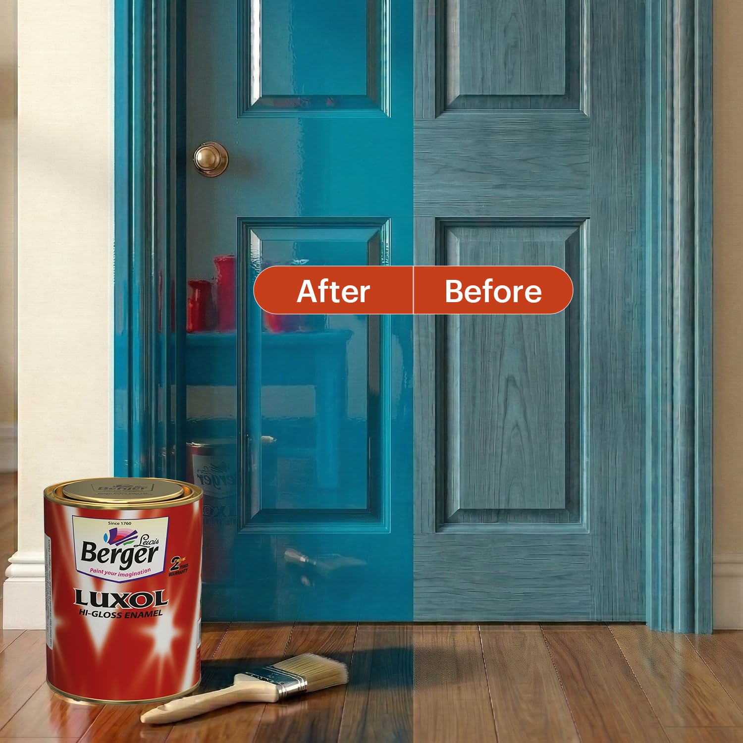 BERGER Luxol Hi-Gloss Enamel Paint | Oil-Based | Mirror Like Durable Weather Resistant High Gloss Finish | Wood Metal Surfaces (500mL, Golden Brown)