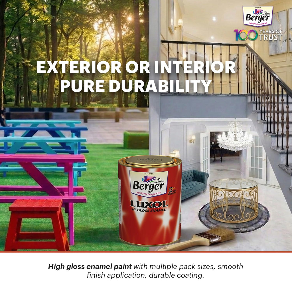 BERGER Luxol Hi-Gloss Enamel Paint | Oil-Based | Mirror Like Durable Weather Resistant High Gloss Finish | Wood Metal Surfaces (500mL, Golden Brown)