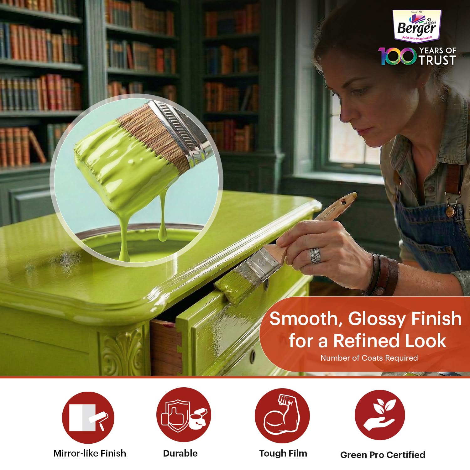 BERGER Luxol Hi-Gloss Enamel Paint | Oil-Based | Mirror Like Durable Weather Resistant High Gloss Finish | Wood Metal Surfaces (500mL, Golden Brown)