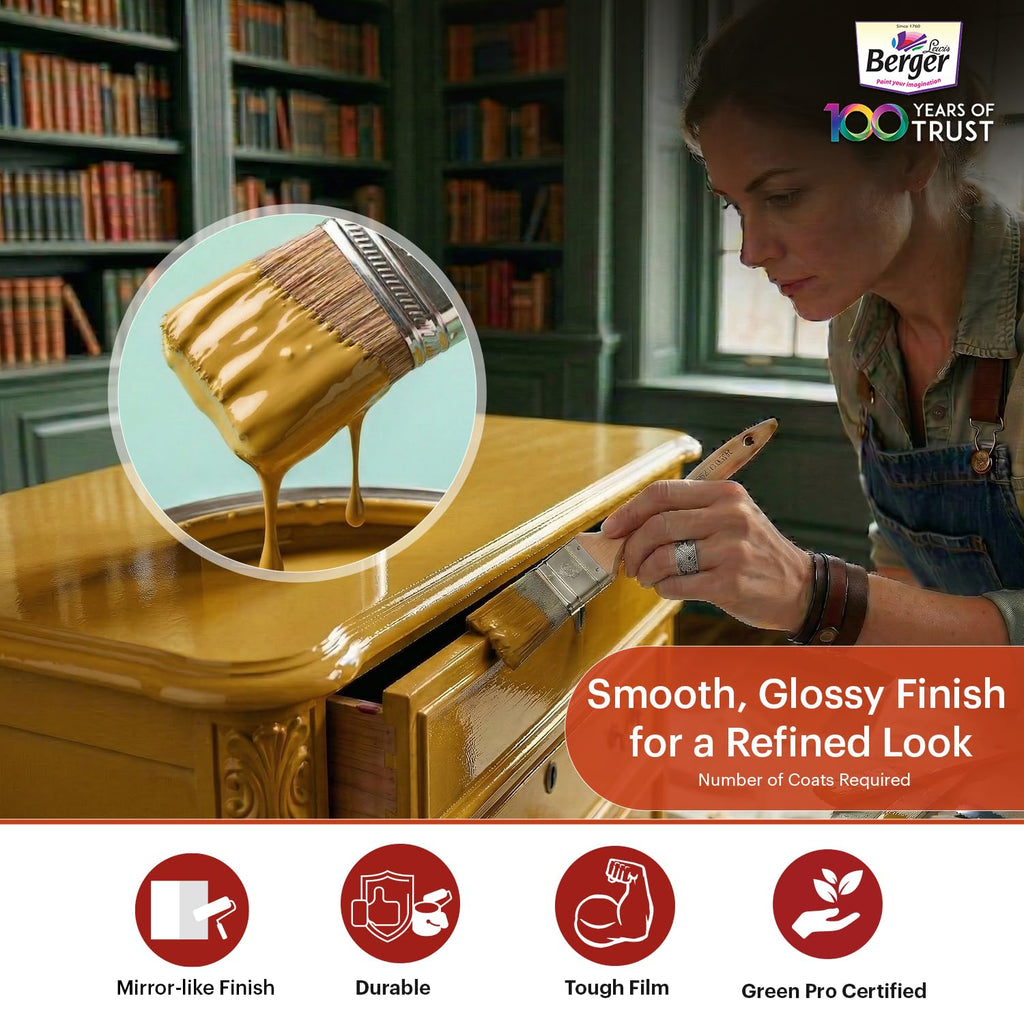 BERGER Luxol Hi-Gloss Enamel Paint | Oil-Based | Mirror Like Durable Weather Resistant High Gloss Finish | Wood Metal Surfaces (500mL, Golden Brown)