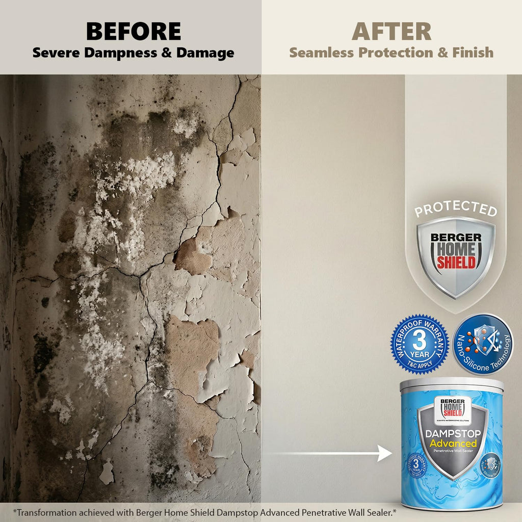 BERGER HomeShield Dampstop Advanced Waterproofing Damp Proof Solution for Interior Walls Nano-Additive Based Prevents Salt Leaching (1L, White)