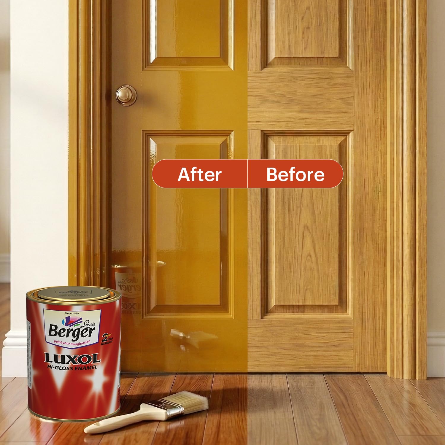 BERGER Luxol Hi-Gloss Enamel Paint | Oil-Based | Mirror Like Durable Weather Resistant High Gloss Finish | Wood Metal Surfaces (500mL, Golden Brown)
