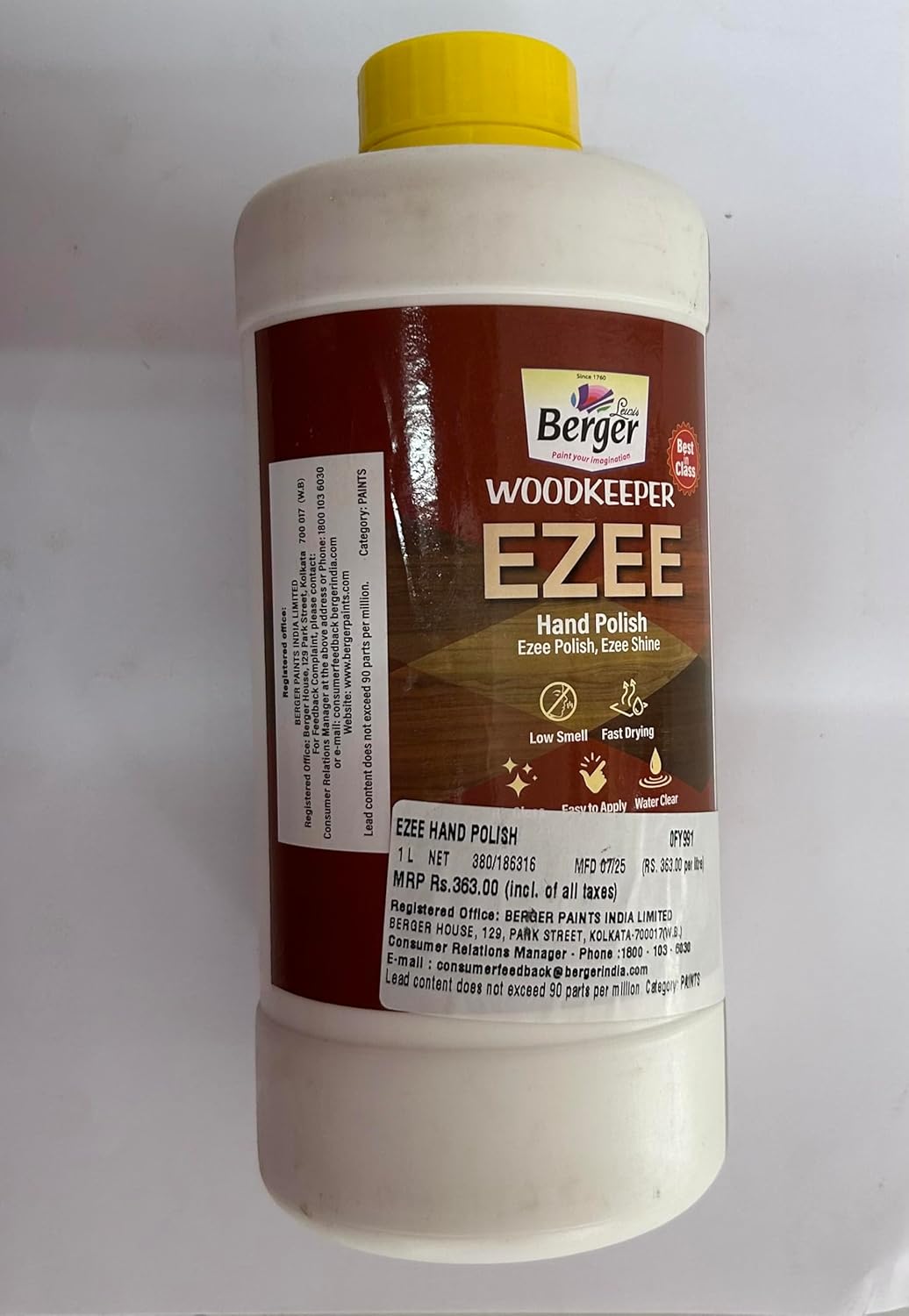 Berger Woodkeeper EZEE Hand Polish, Low Smell, Fast Drying, Water Clear, Easy to Apply, 1 Litre
