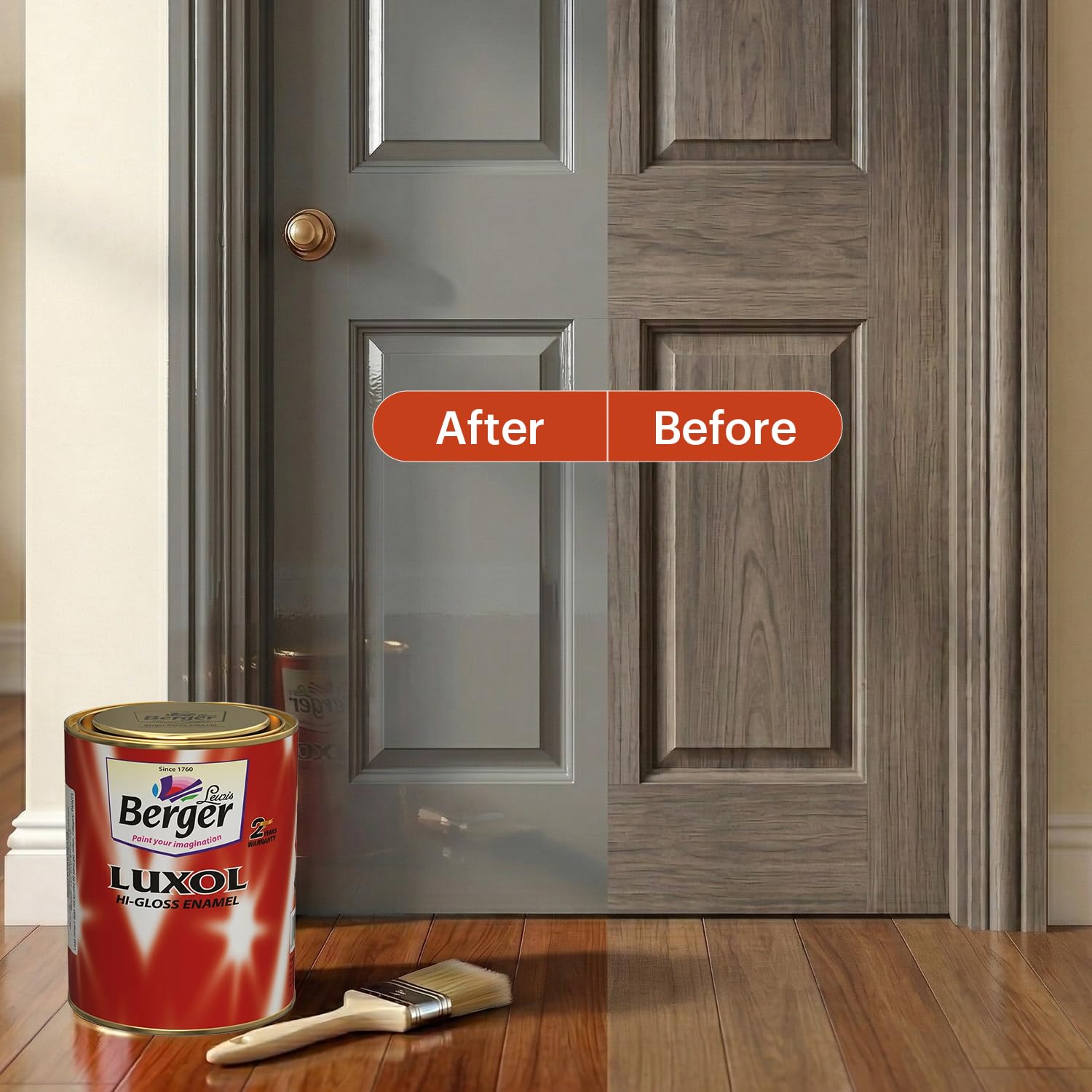 BERGER Luxol Hi-Gloss Enamel Paint | Oil-Based | Mirror Like Durable Weather Resistant High Gloss Finish | Wood Metal Surfaces (500mL, Golden Brown)