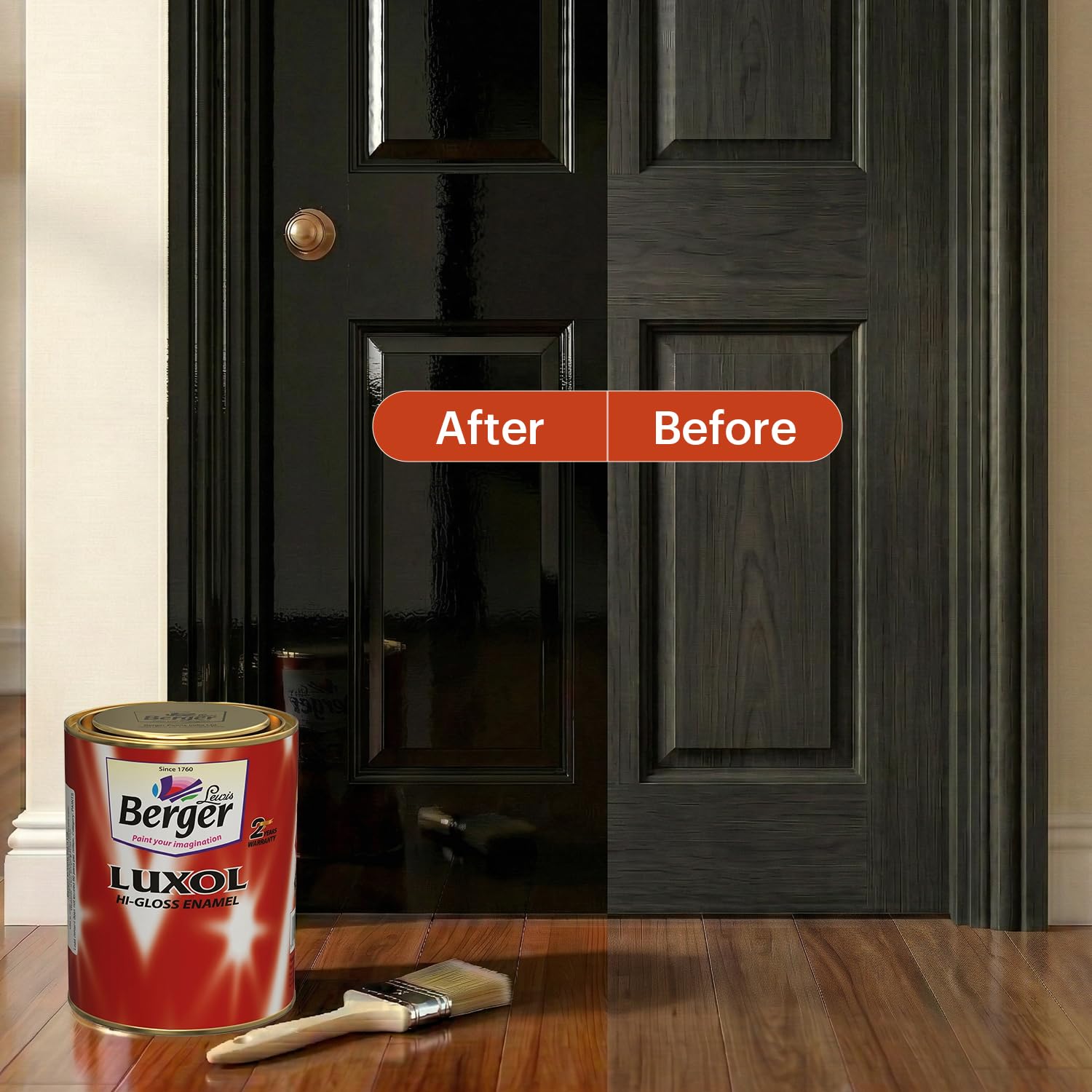 BERGER Luxol Hi-Gloss Enamel Paint | Oil-Based | Mirror Like Durable Weather Resistant High Gloss Finish | Wood Metal Surfaces (500mL, Golden Brown)