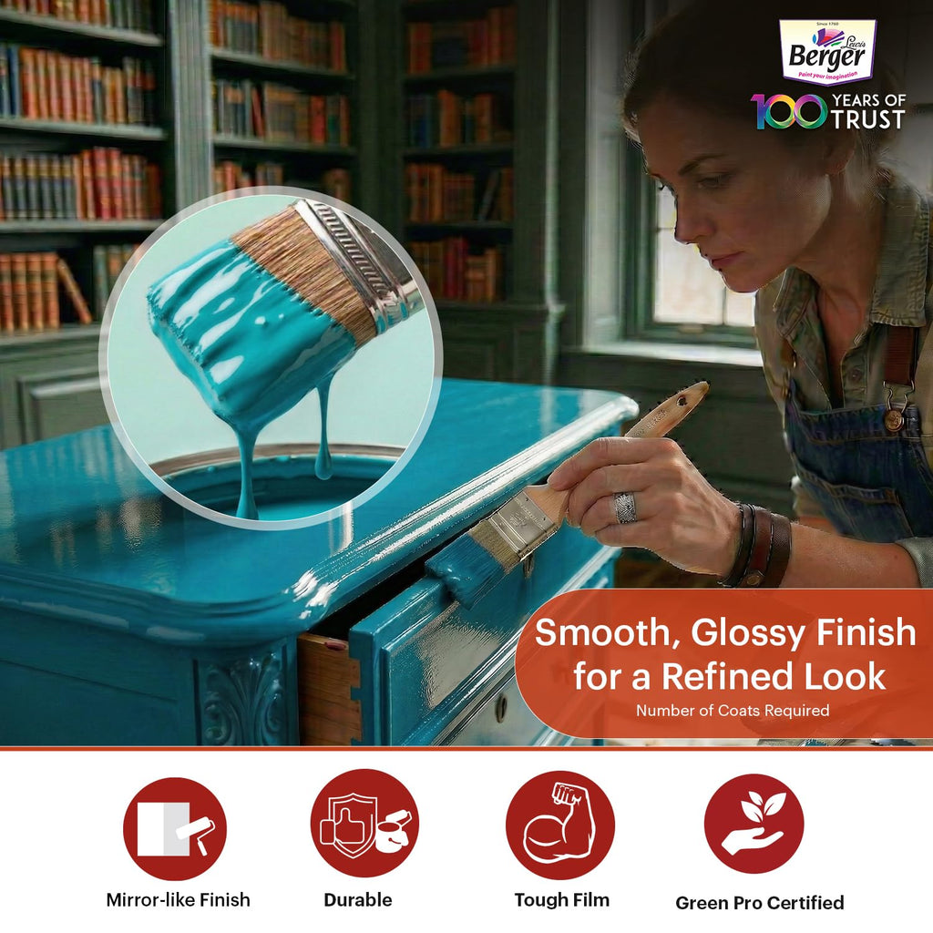BERGER Luxol Hi-Gloss Enamel Paint | Oil-Based | Mirror Like Durable Weather Resistant High Gloss Finish | Wood Metal Surfaces (500mL, Golden Brown)