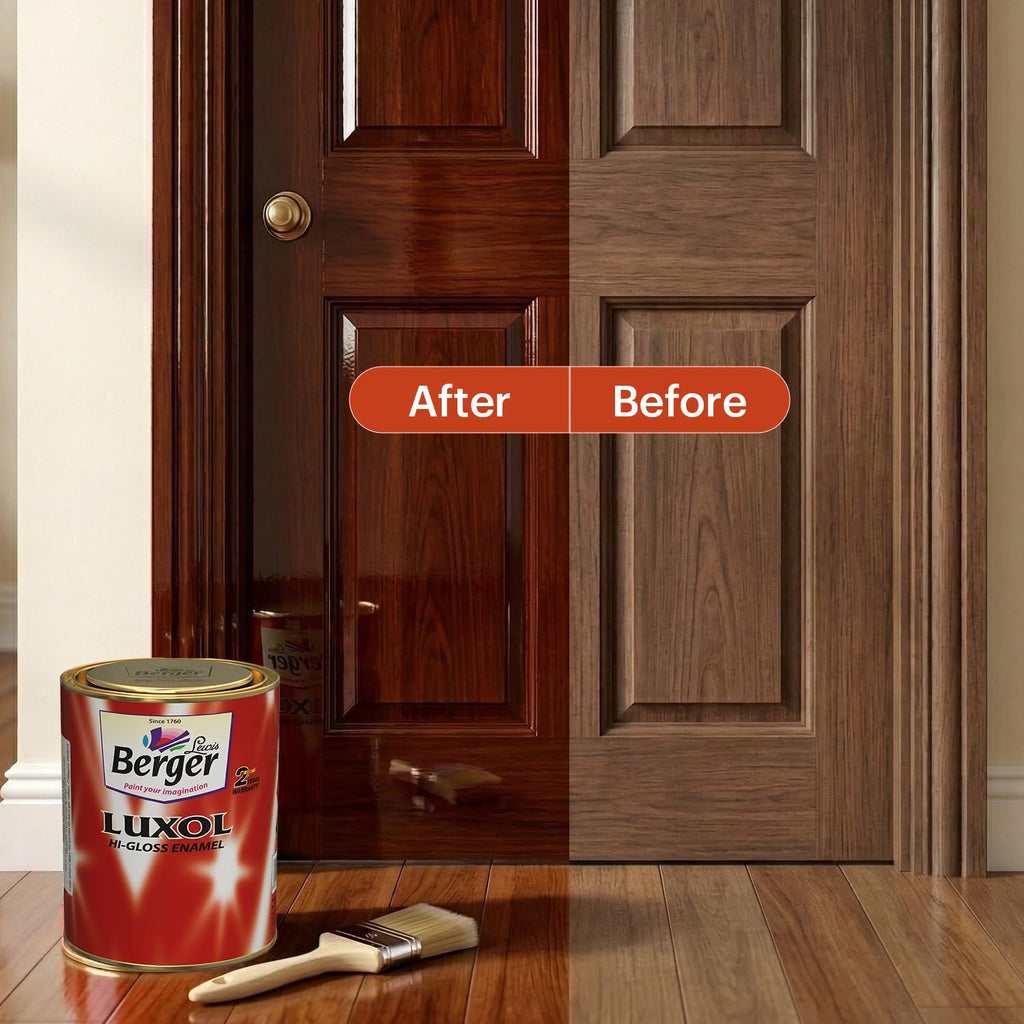 BERGER Luxol Hi-Gloss Enamel Paint | Oil-Based | Mirror Like Durable Weather Resistant High Gloss Finish | Wood Metal Surfaces (500mL, Golden Brown)