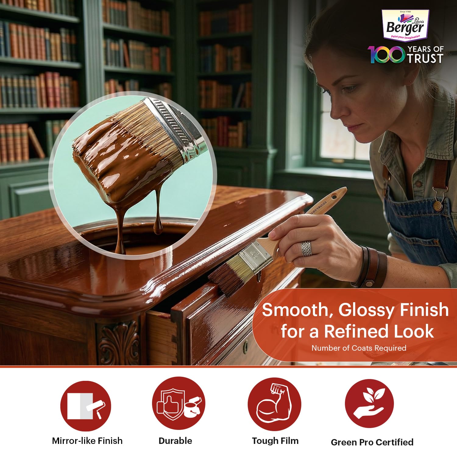 BERGER Luxol Hi-Gloss Enamel Paint | Oil-Based | Mirror Like Durable Weather Resistant High Gloss Finish | Wood Metal Surfaces (500mL, Golden Brown)
