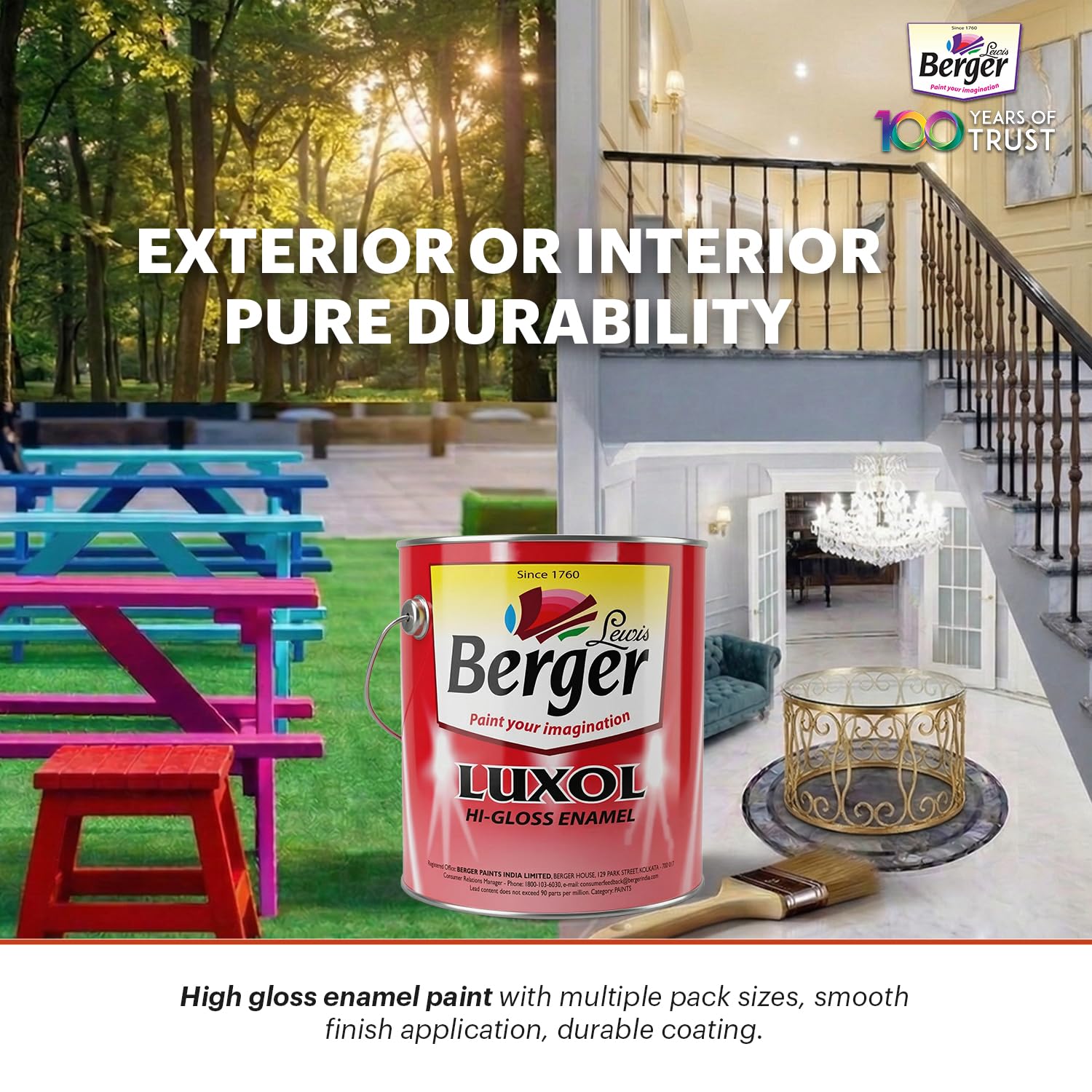 BERGER Luxol Hi-Gloss Enamel Paint | Oil-Based | Mirror Like Durable Weather Resistant High Gloss Finish | Wood Metal Surfaces (500mL, Golden Brown)