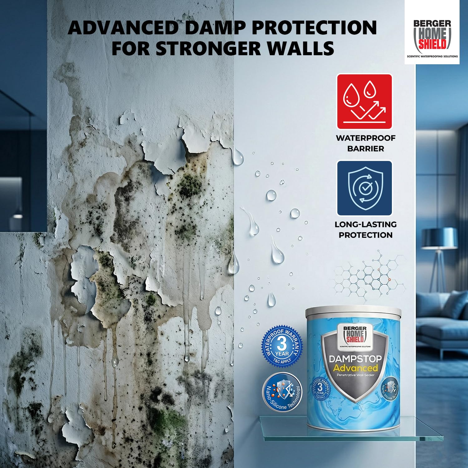 BERGER HomeShield Dampstop Advanced Waterproofing Damp Proof Solution for Interior Walls Nano-Additive Based Prevents Salt Leaching (1L, White)