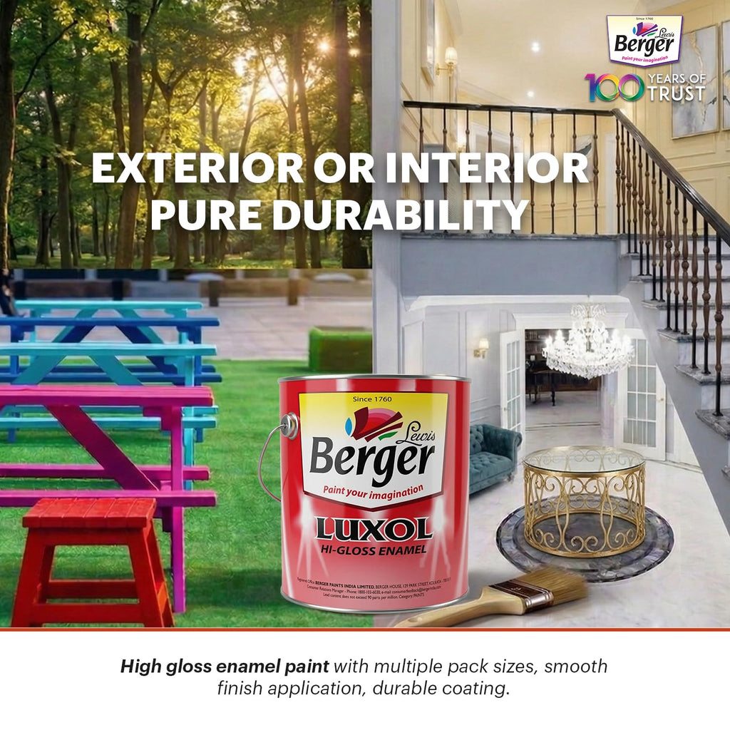 BERGER Luxol Hi-Gloss Enamel Paint | Oil-Based | Mirror Like Durable Weather Resistant High Gloss Finish | Wood Metal Surfaces (500mL, Golden Brown)