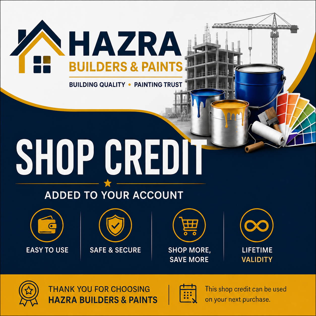 Hazra Builders & Paints Shop Credit – Premium Redeemable Store Voucher for Paints, Hardware & Building Materials